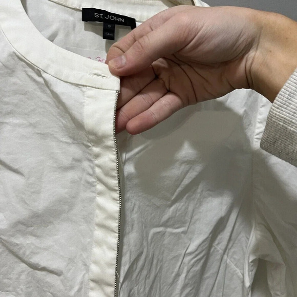 St. John Women's Ivory White Button Up Blouse Sz 10 Tie Metallic Detail Cuffs - Picture 4 of 12